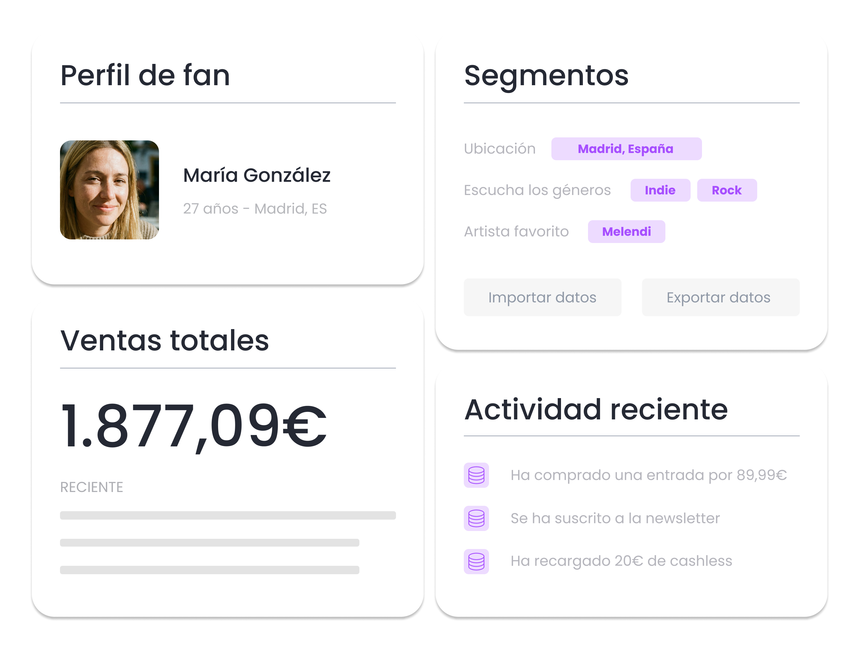 Desbloquea insights más profundos de tus fans - Crea una visión 360 grados de tus fans combinando múltiples integraciones para entender demografía, clics en emails, hábitos de escucha e intención de compra.
